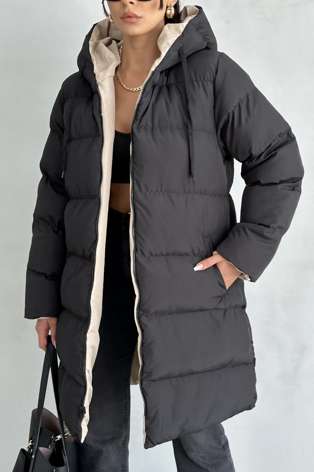 Çift Taraflı Oversize Kadın Şişme Mont – Kapüşonlu Regular Fit, S