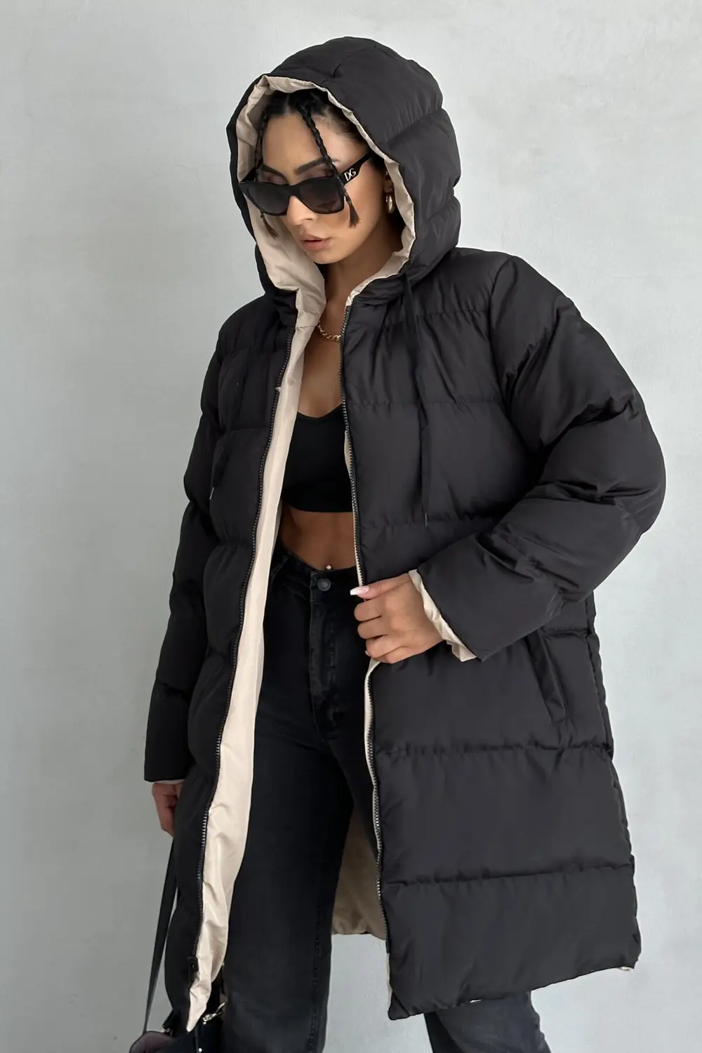 Çift Taraflı Oversize Kadın Şişme Mont – Kapüşonlu Regular Fit, S