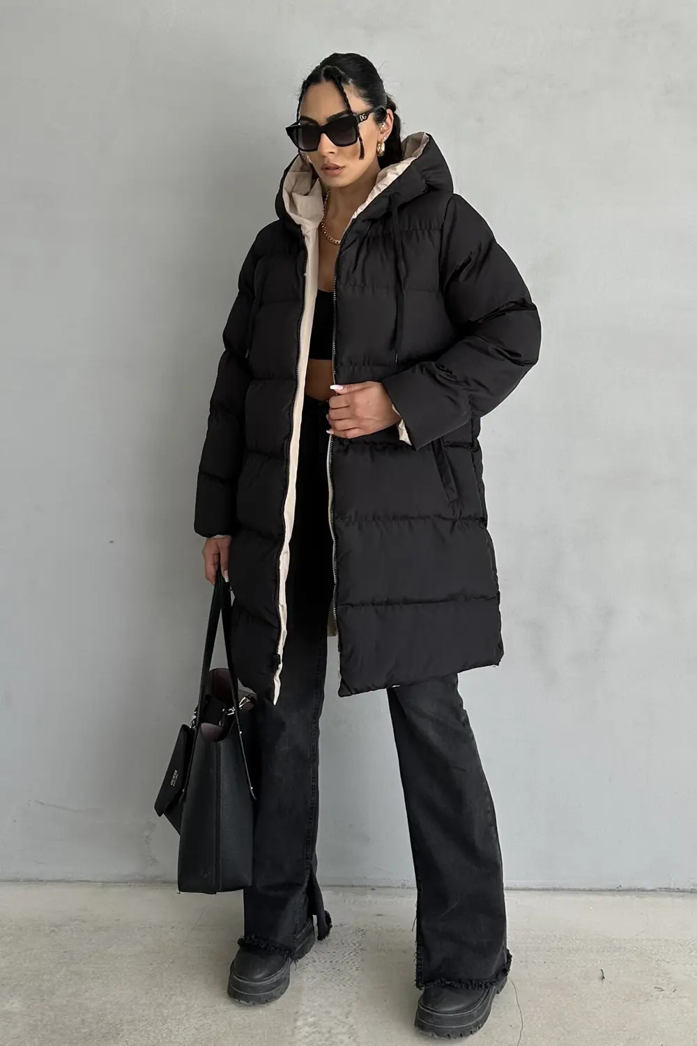 Çift Taraflı Oversize Kadın Şişme Mont – Kapüşonlu Regular Fit, S