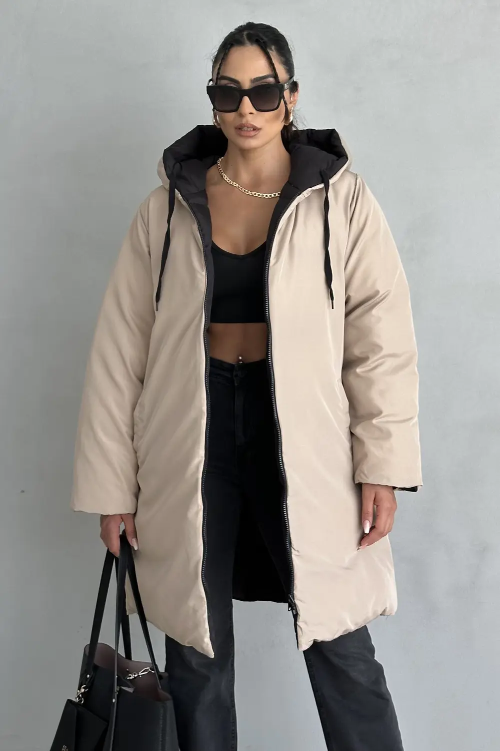 Çift Taraflı Oversize Kadın Şişme Mont – Kapüşonlu Regular Fit, S