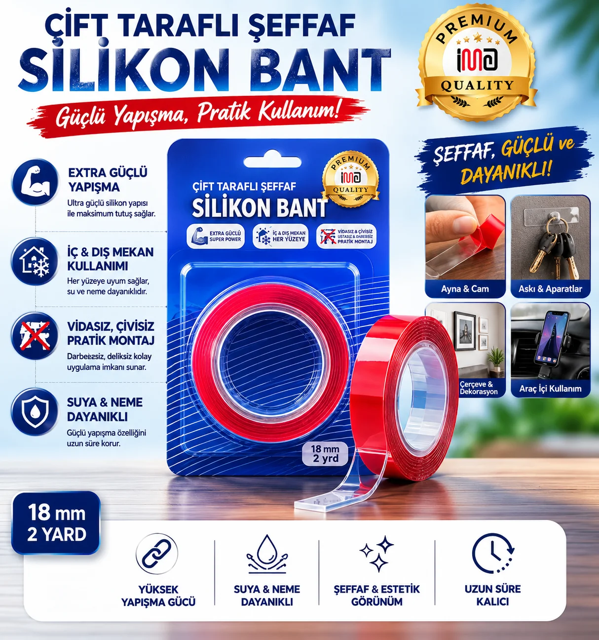Çift Taraflı Şeffaf Silikon Nano Bant 18mm 2 Yard – İz Bırakmaz Güçlü Yapışkan