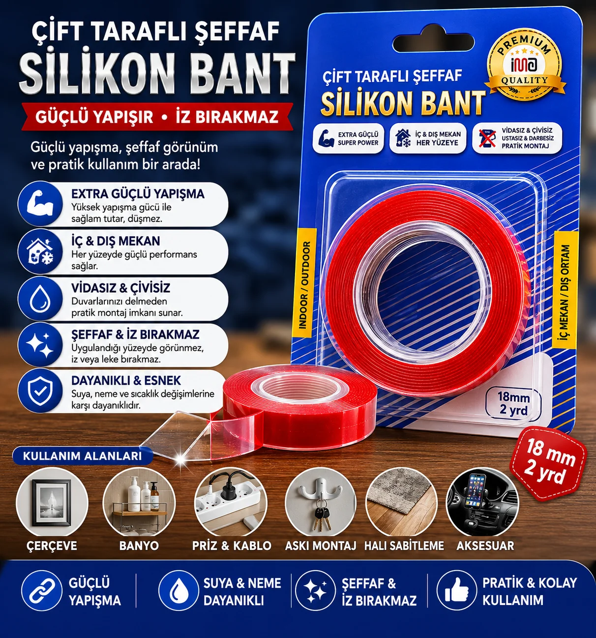 Çift Taraflı Şeffaf Silikon Nano Bant 18mm 2 Yard – İz Bırakmaz Güçlü Yapışkan