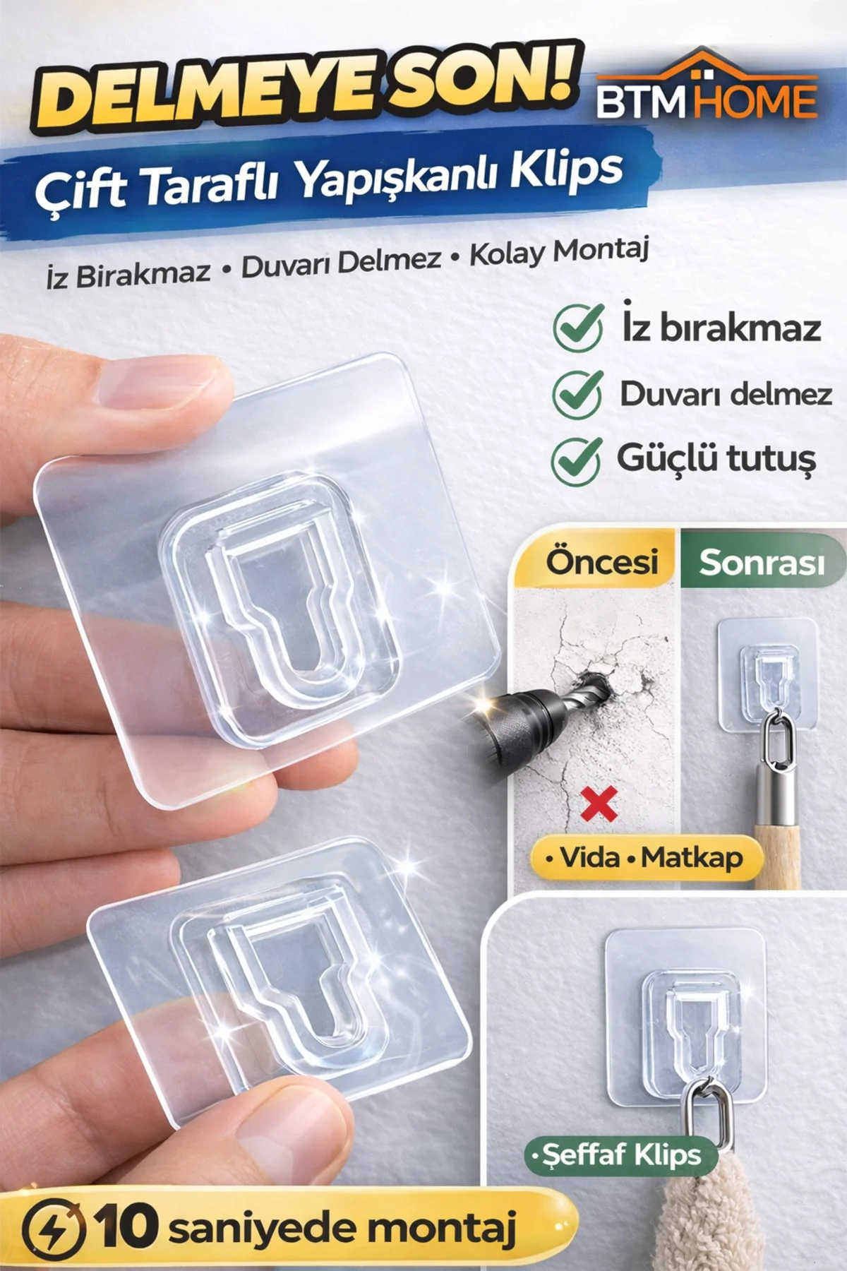 Çift Taraflı Yapışkanlı Geçmeli Klips Eşya Sabitleyici Şeffaf Duv