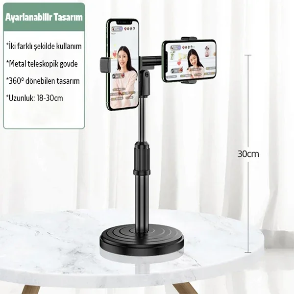 Çift Telefon Tutucu Stand - Canlı Yayın & TikTok Çekimi için Ayarlanabilir Masa Üstü Tripod
