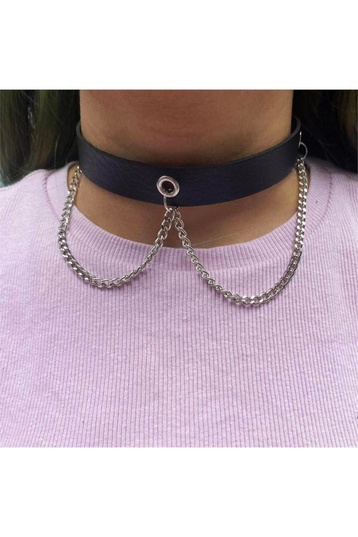 Çift Zincirli Siyah Deri Tasma