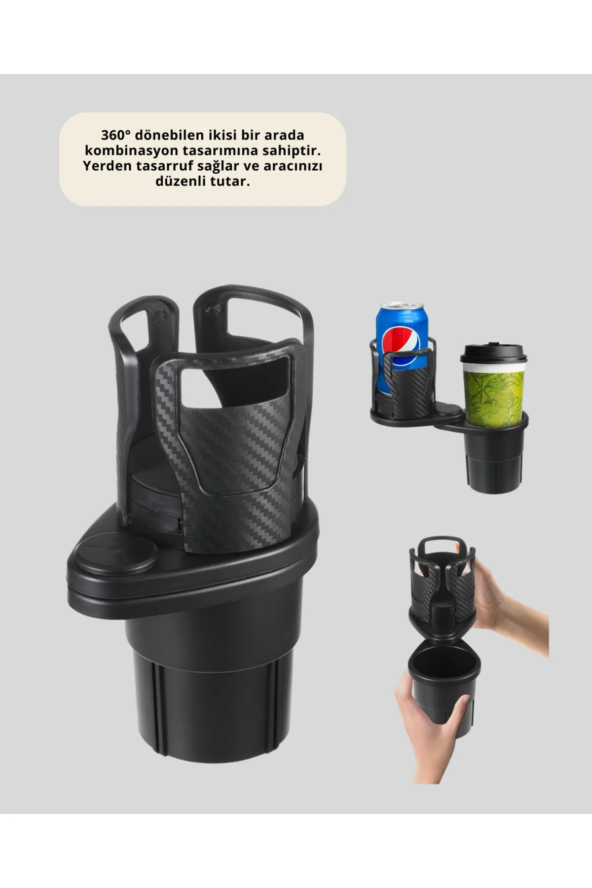 Çiftli Araba Bardak Tutucu Karbon Fiber Görünümlü 360° Ayarlı - L