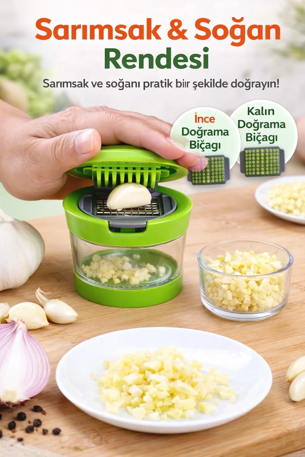 Çıkarılabilir Hazneli Sarımsak Doğrayıcı 2 Bıçaklı Pratik Mutfak Kesme Aparatı Seti