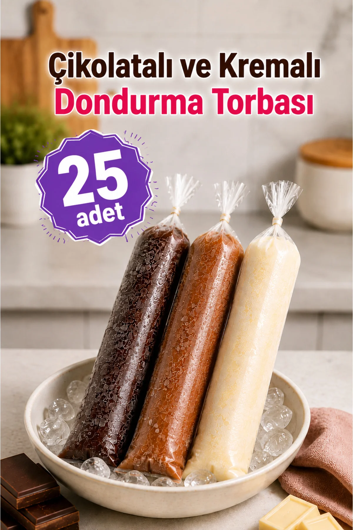 Çikolatalı ve Kremalı Dondurma Torbası 25 adet Dondurucuya Uygun Sızdırmaz 6x33cm Ev Yapımı Dondurma Poşeti Çikolatalı ve Kremalı Dondurma Torbası 25 adet Dondurucuya Uygun Sızdırmaz 6x33cm Ev Yapımı Dondurma Poşeti