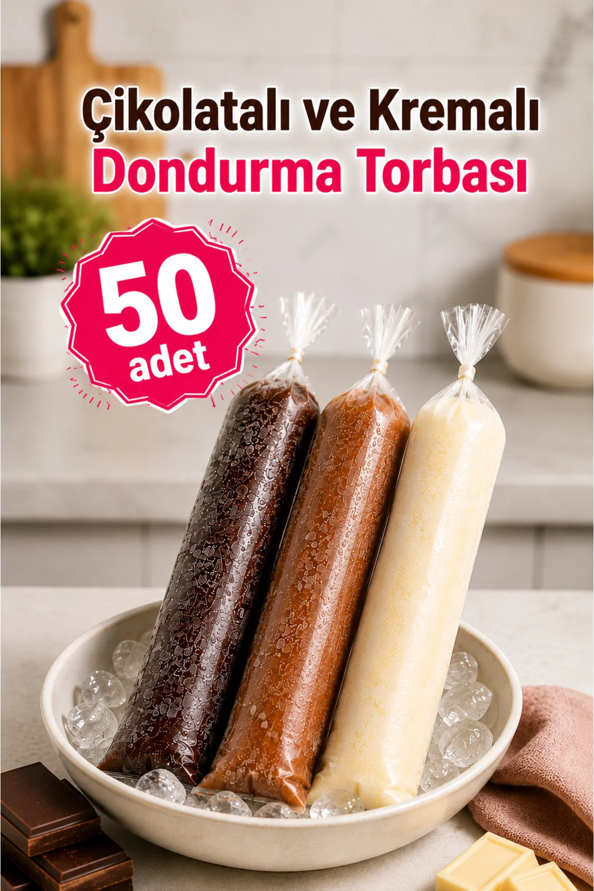 Çikolatalı ve Kremalı Dondurma Torbası 50 adet Dondurucuya Uygun Sızdırmaz 5,5x33cm Ev Yapımı Dondurma Poşeti Çikolatalı ve Kremalı Dondurma Torbası 50 adet Dondurucuya Uygun Sızdırmaz 5,5x33cm Ev Yapımı Dondurma Poşeti