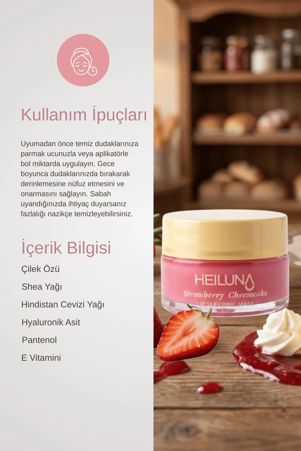 Çilekli Cheesecake Özlü Gece Dudak Maskesi 20g | E Vitamini, Shea