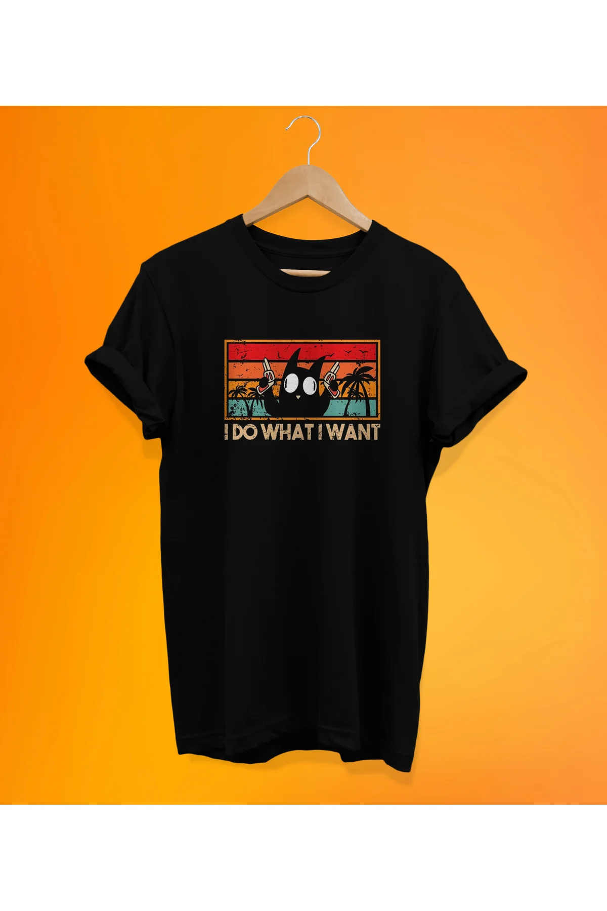 Çılgın Kedi Baskılı Siyah,%100 Pamuk Basic (Normal Beden) T-Shirt
