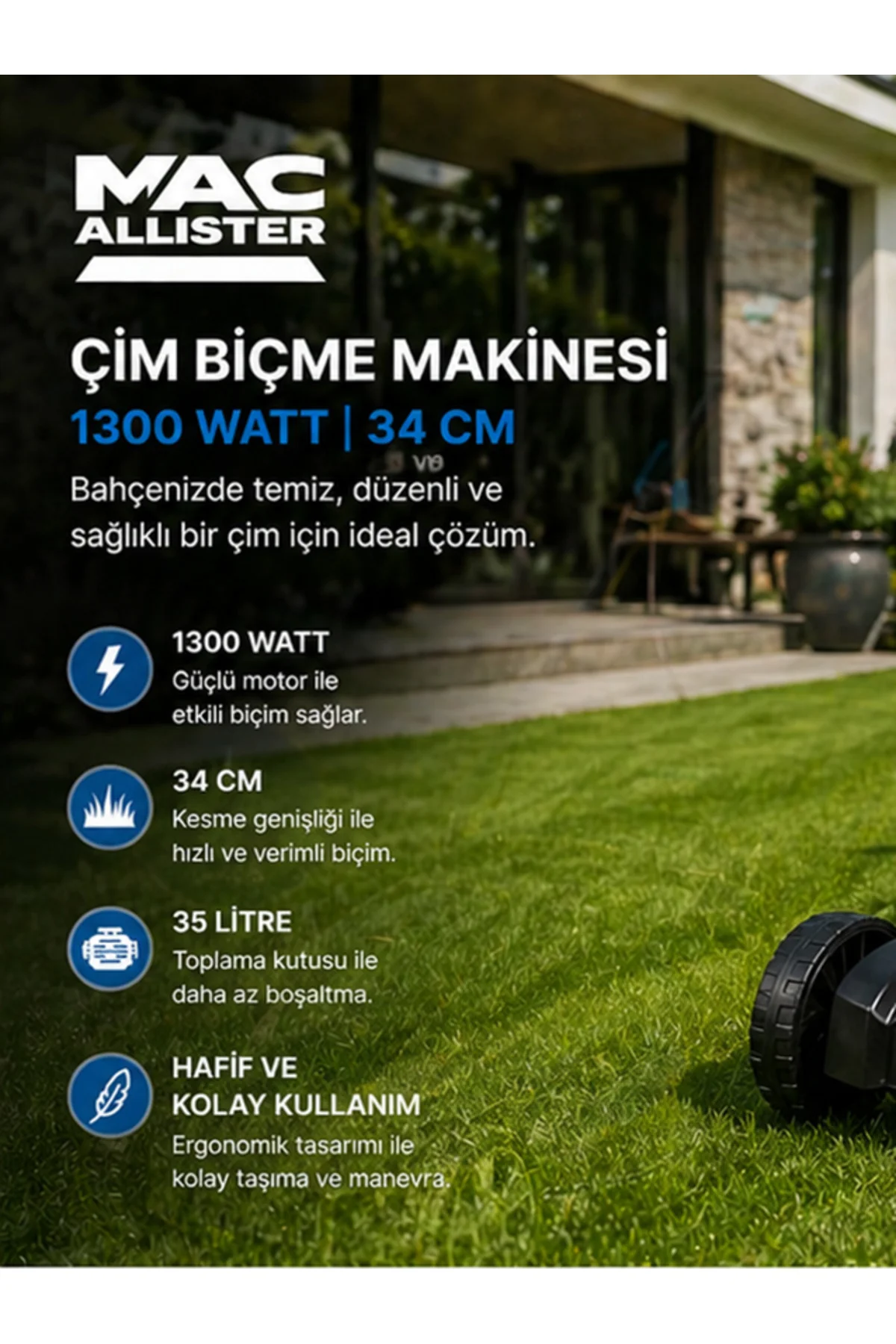 Çim Biçme Makinesi 1300 Watt 34 cm
