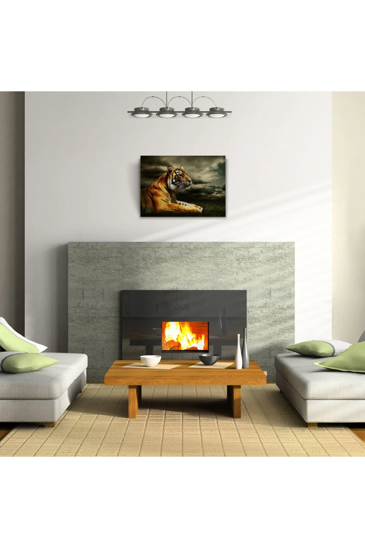 Çimenlerde Uzanan Kaplan Kanvas Tablo 50 x 70
