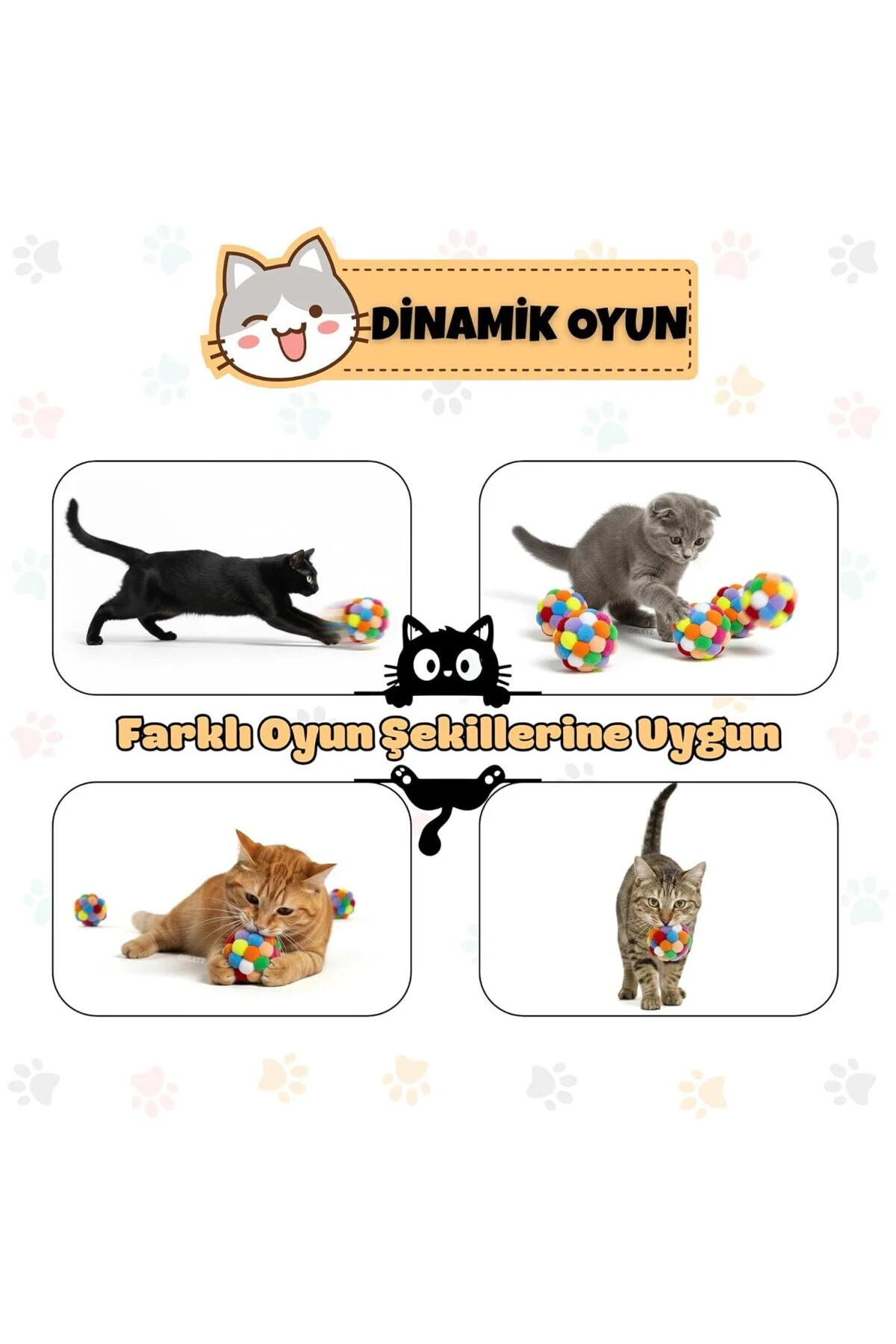 Çıngıraklı Ponpon Kedi Oyuncağı - Renkli İnteraktif Peluş Top - Zilli Yuvarlanan Kedi Topu