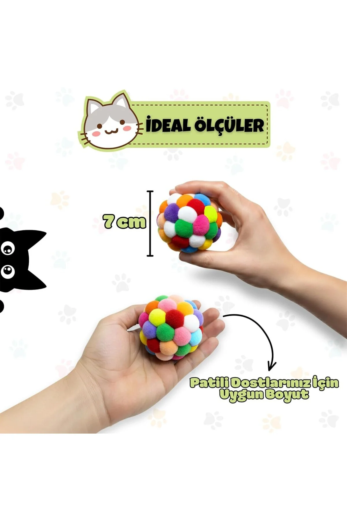 Çıngıraklı Ponpon Kedi Oyuncağı - Renkli İnteraktif Peluş Top - Zilli Yuvarlanan Kedi Topu