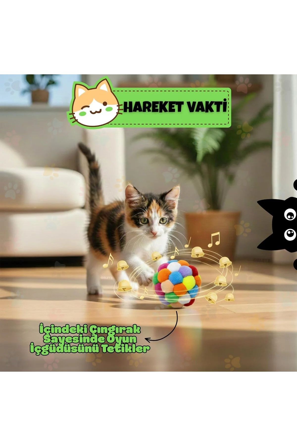 Çıngıraklı Ponpon Kedi Oyuncağı - Renkli İnteraktif Peluş Top - Zilli Yuvarlanan Kedi Topu