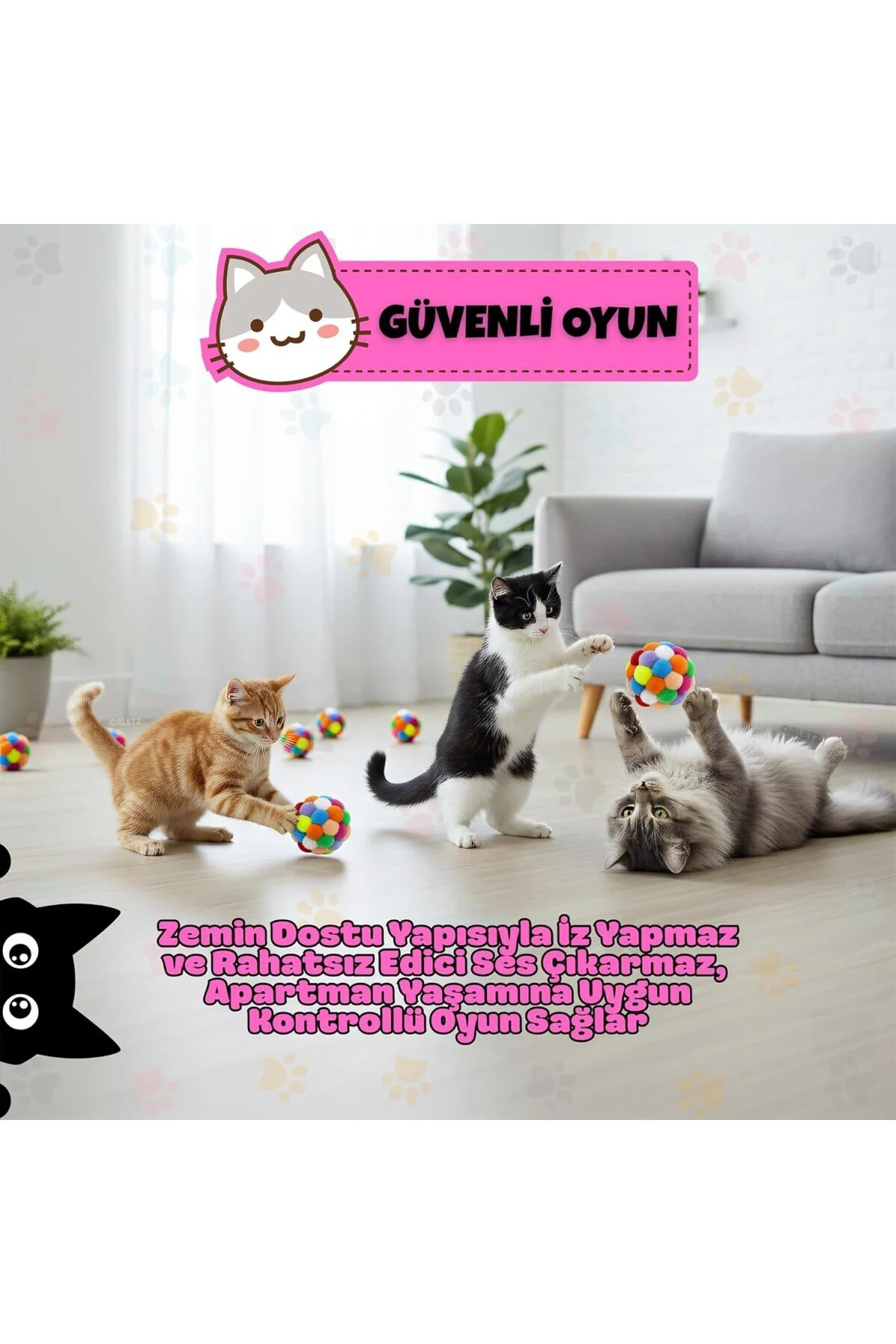 Çıngıraklı Ponpon Kedi Oyuncağı - Renkli İnteraktif Peluş Top - Zilli Yuvarlanan Kedi Topu