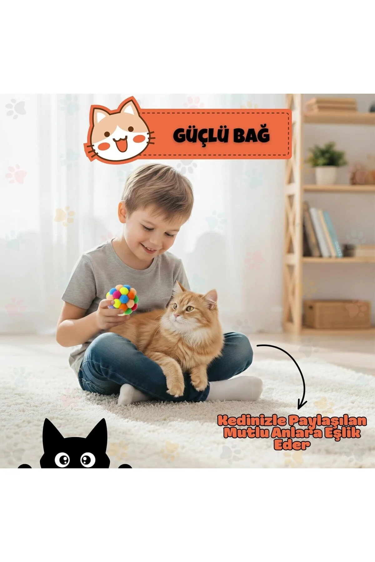 Çıngıraklı Ponpon Kedi Oyuncağı - Renkli İnteraktif Peluş Top - Zilli Yuvarlanan Kedi Topu