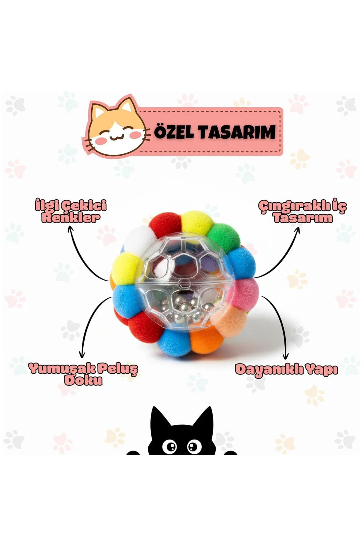 Çıngıraklı Ponpon Kedi Oyuncağı - Renkli İnteraktif Peluş Top - Zilli Yuvarlanan Kedi Topu