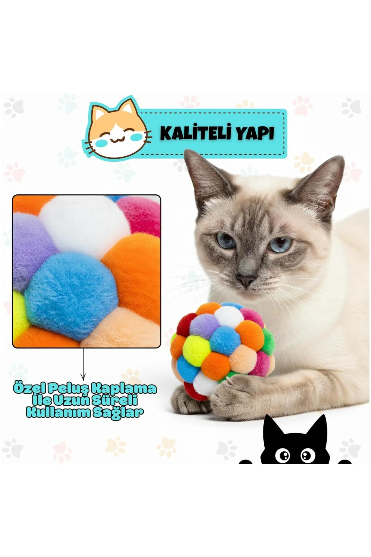 Çıngıraklı Ponpon Kedi Oyuncağı - Renkli İnteraktif Peluş Top - Zilli Yuvarlanan Kedi Topu