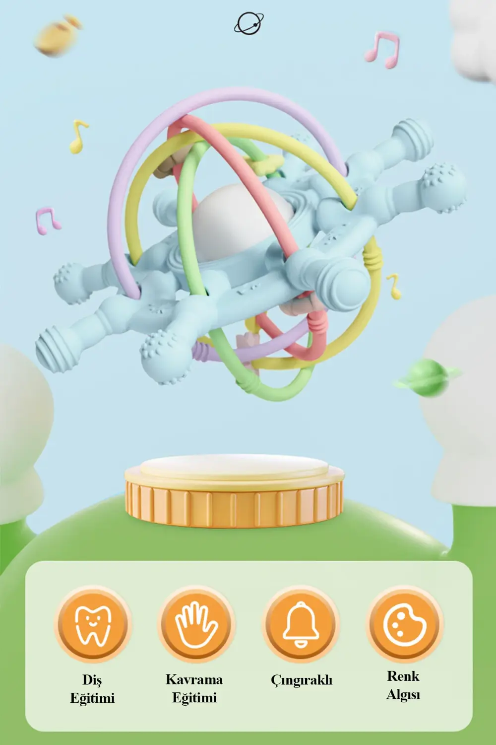 Çıngıraklı Silikon Diş Kaşıyıcı | Güvenli & Eğlenceli Mavi