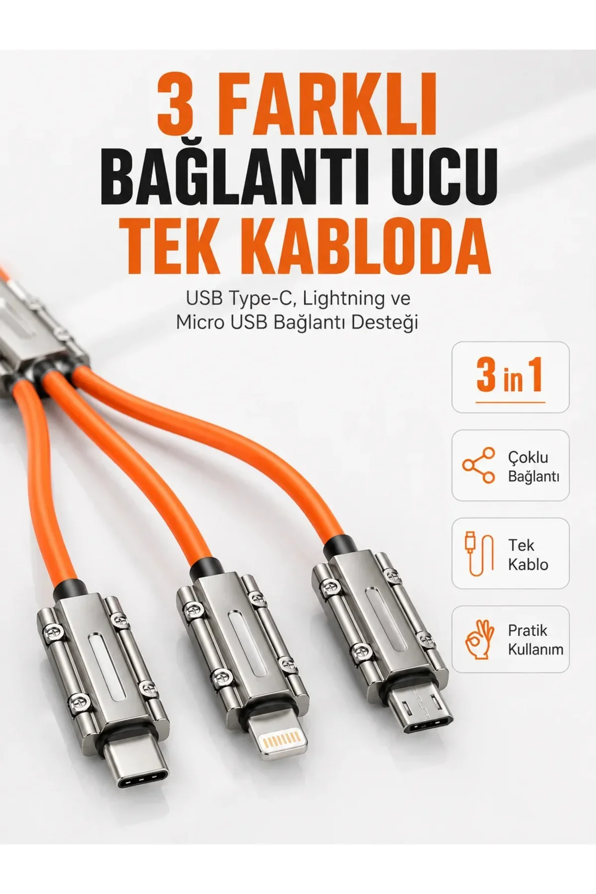 Çinko Alaşımlı Metal Konnektörlü Dayanıklı 6A Hızlı Şarj Kablosu