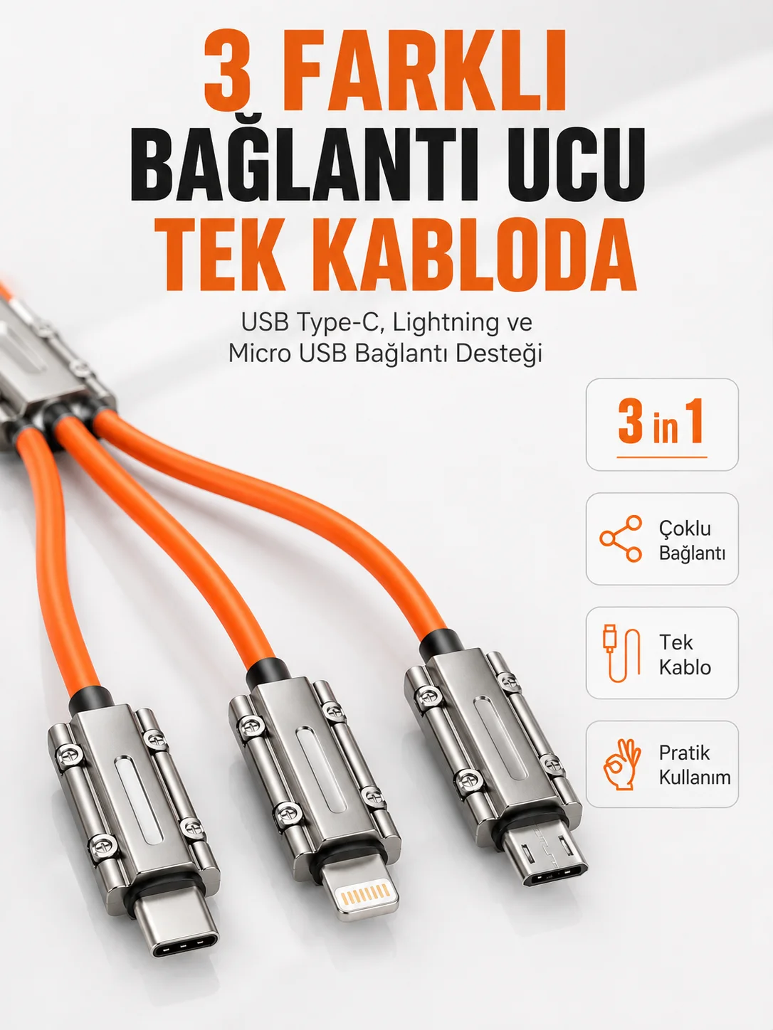 Çinko Alaşımlı Metal Konnektörlü Dayanıklı 6A Hızlı Şarj Kablosu