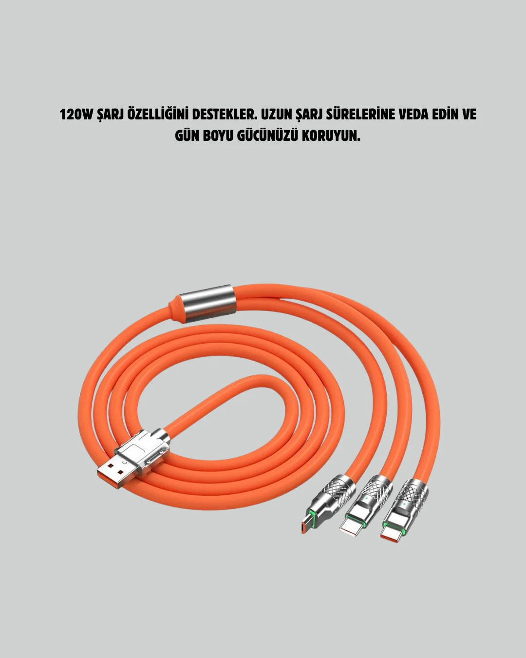Çinko Alaşımlı Uçlu 120 W Şarj Kablosu – Dolaşmaya Dayanıklı 1,2 m USB Kablo