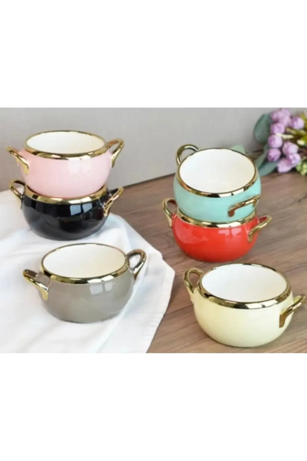 Çırağan Home Mia 6 Renk Kulplu Porselen Kase Seti