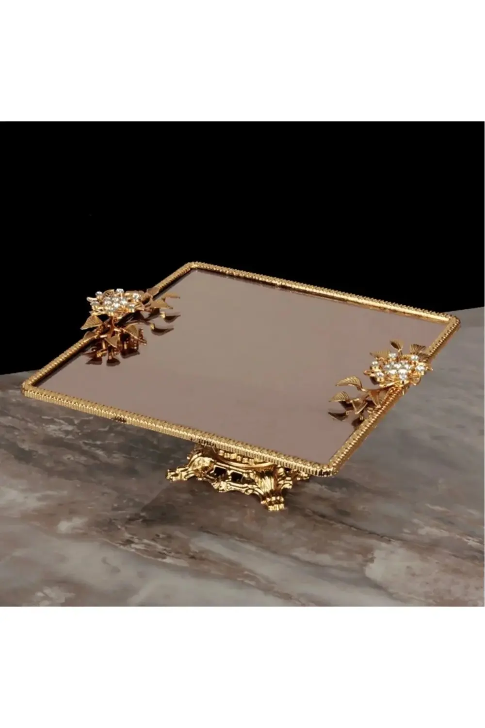 Çırağan Kare Aynalı Ayaklı Tepsi Büyük Boy - Gold 28cm