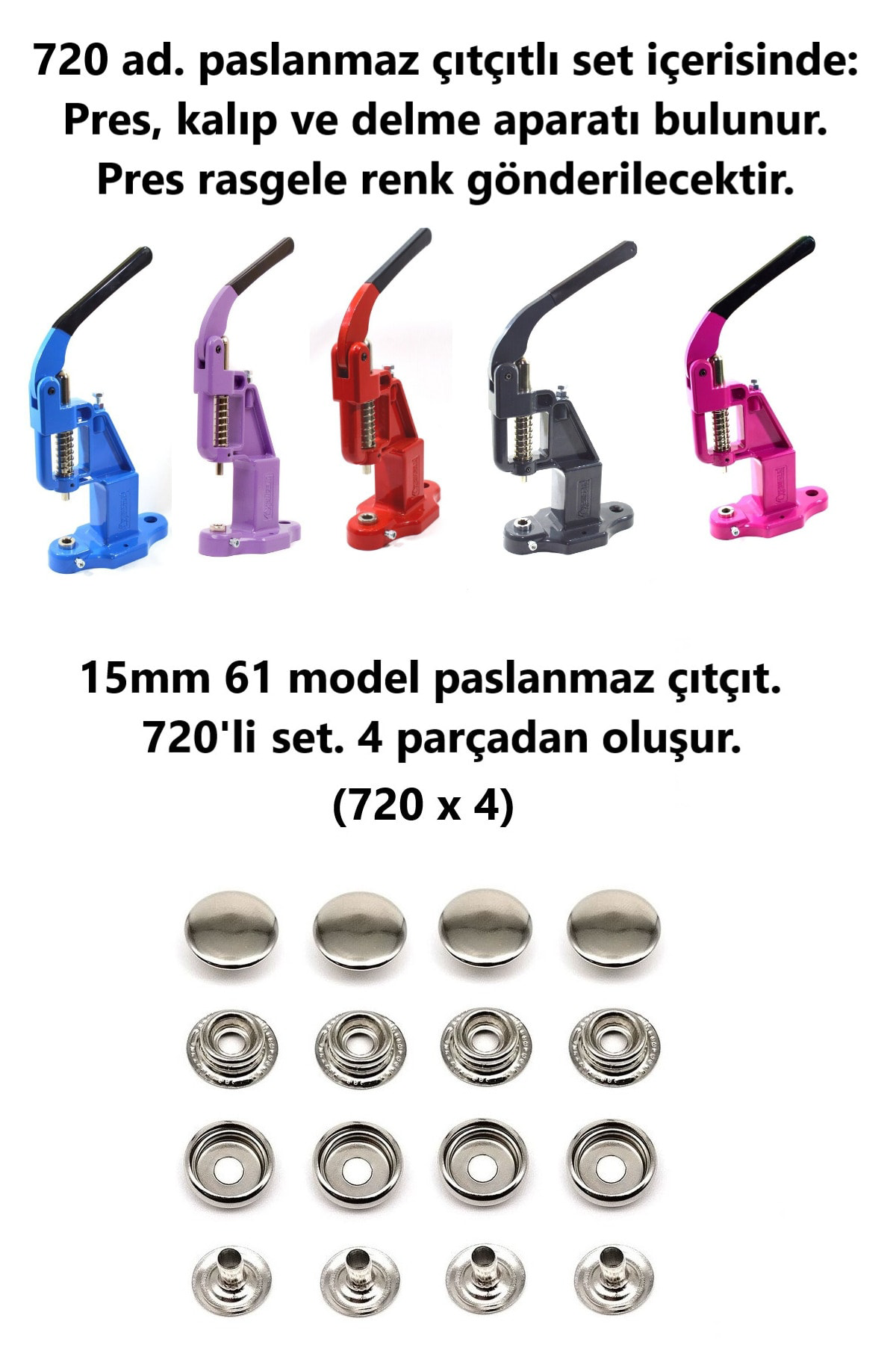 Tuhafiyecimiz Çıtçıt Makinesi, 720 Adet 15Mm Paslanmaz Mont Çıtçıt, Kalıplarıyl