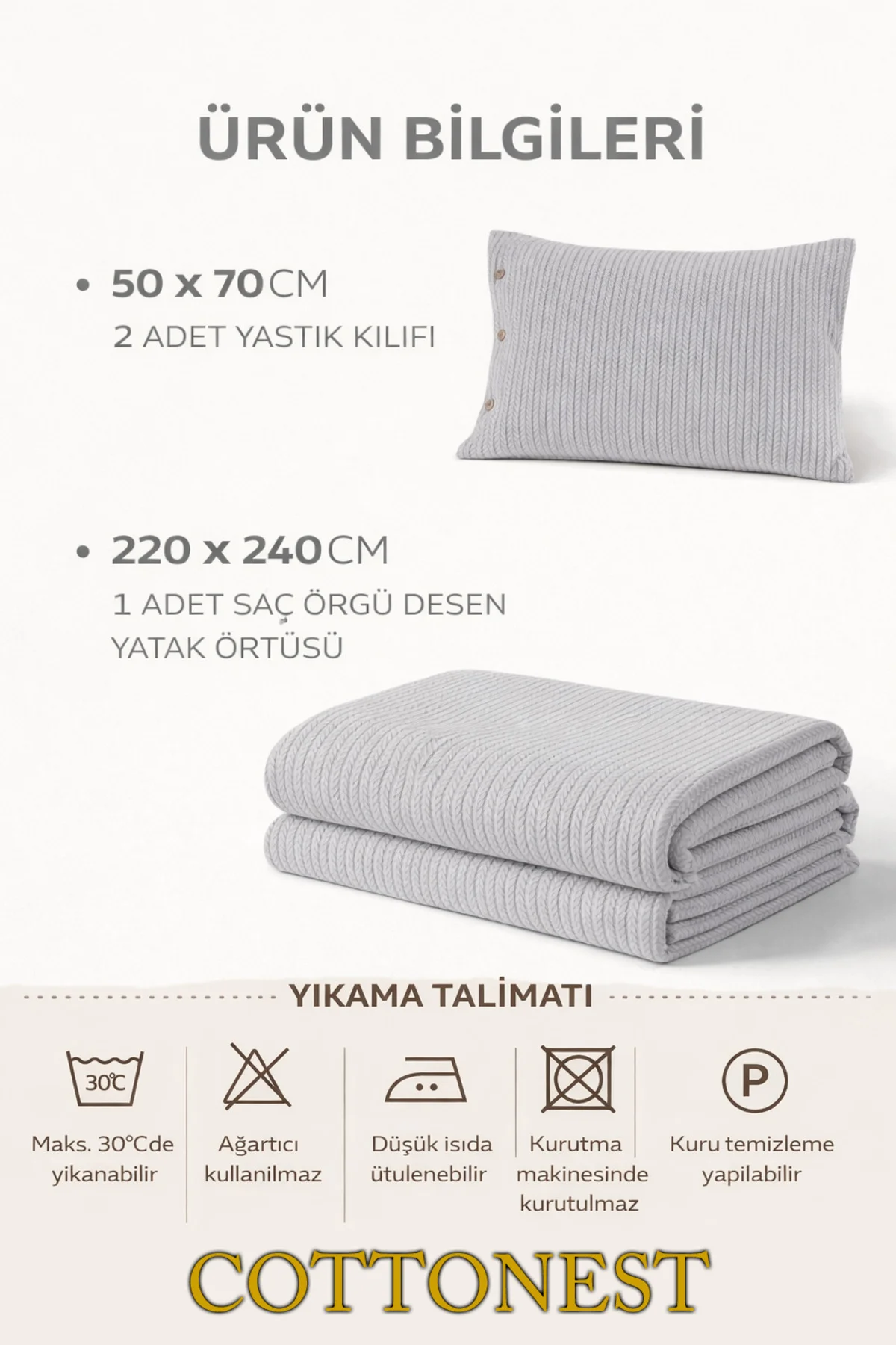 Çitf Kişilik Gri Yatak Örtüsü Seti 2 Adet Yastık Kılıfı Çitf Kişilik Gri Yatak Örtüsü Seti 2 Adet Yastık Kılıfı