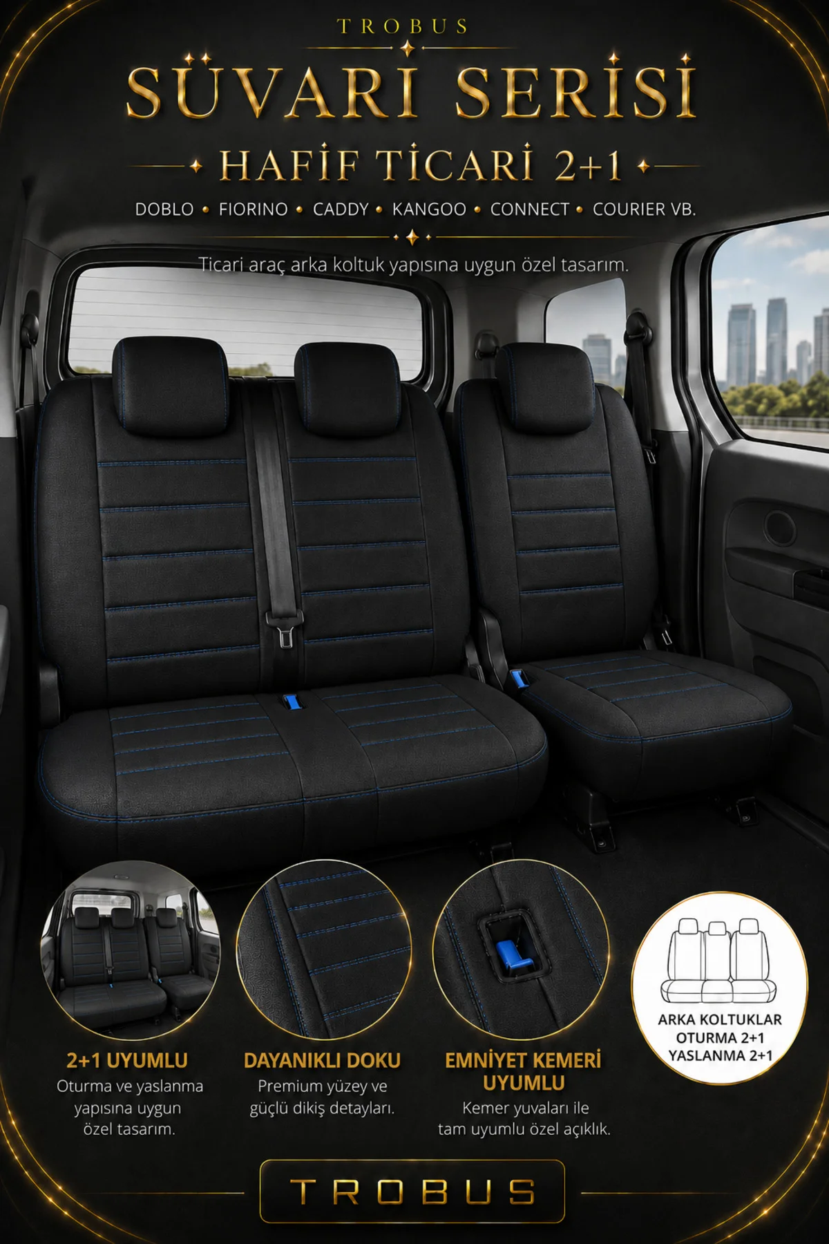 Citroen Berlingo 2004-2018 Uyumlu Süvari Serisi 2+1 Ticari Tay Tüyü Siyah Mavi Koltuk Kılıfı