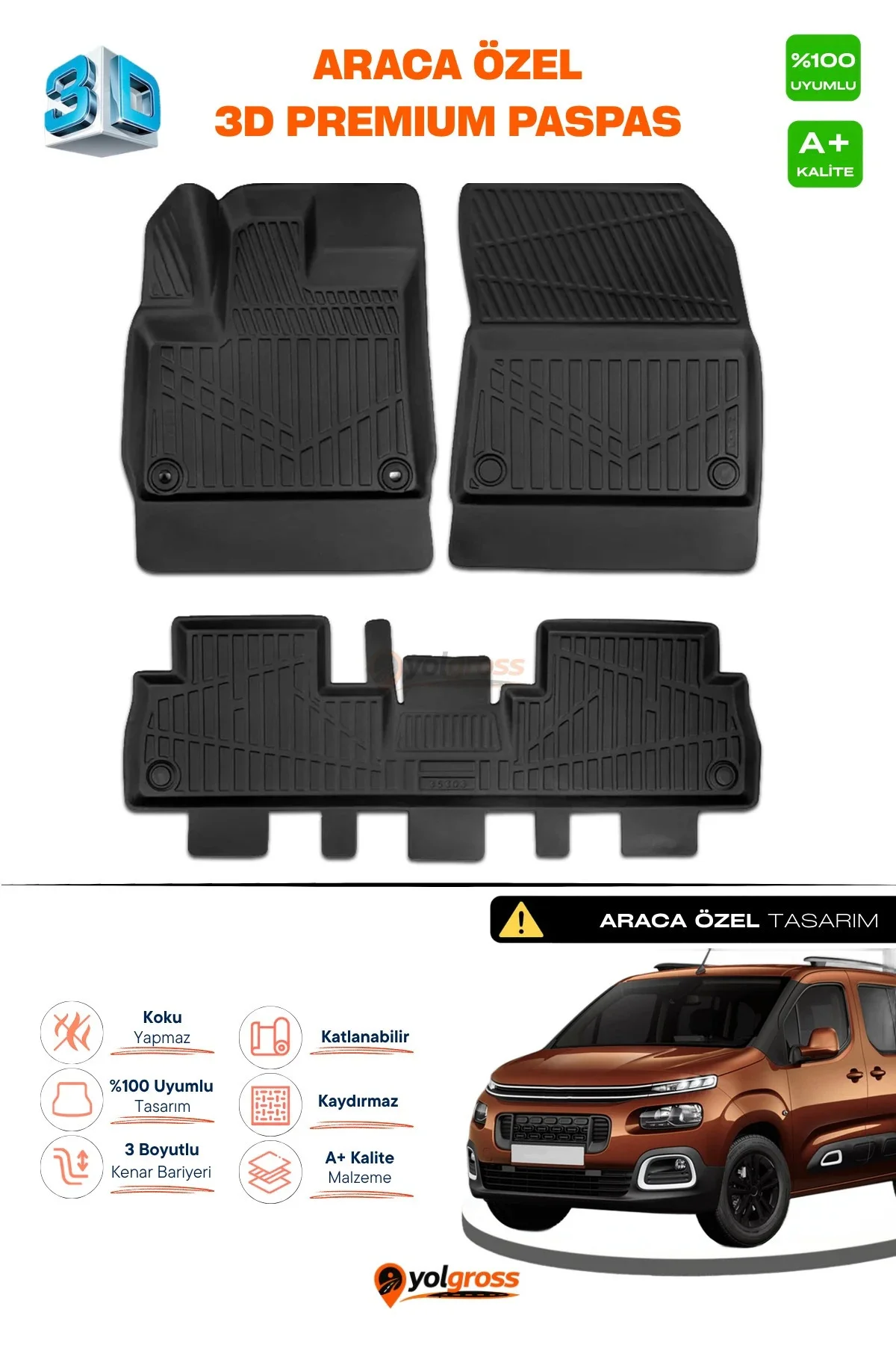 Citroen Berlingo 3D Pro Havuzlu Paspas 2018 Üzeri A+ Kalite
