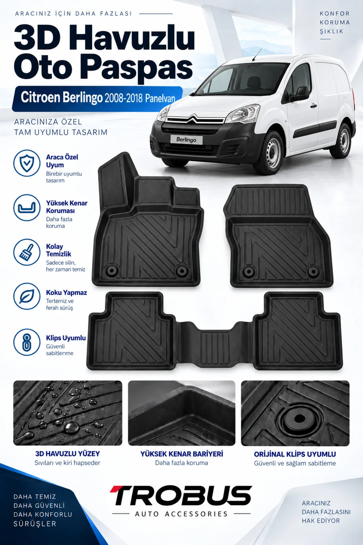 Citroen Berlingo Panelvan 2008-2018 Karbon Desenli Premium 3D Havuzlu Oto Paspas 2 Parça Ön Takım