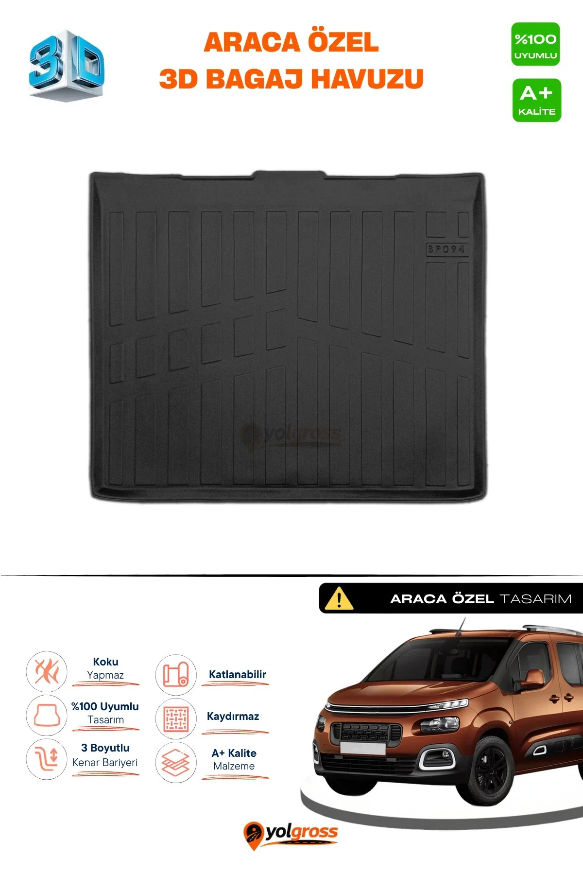 Citroen Berlingo Seperatörsüz 3D Pro Bagaj Havuzu 2019 Üzeri A+ Kalite