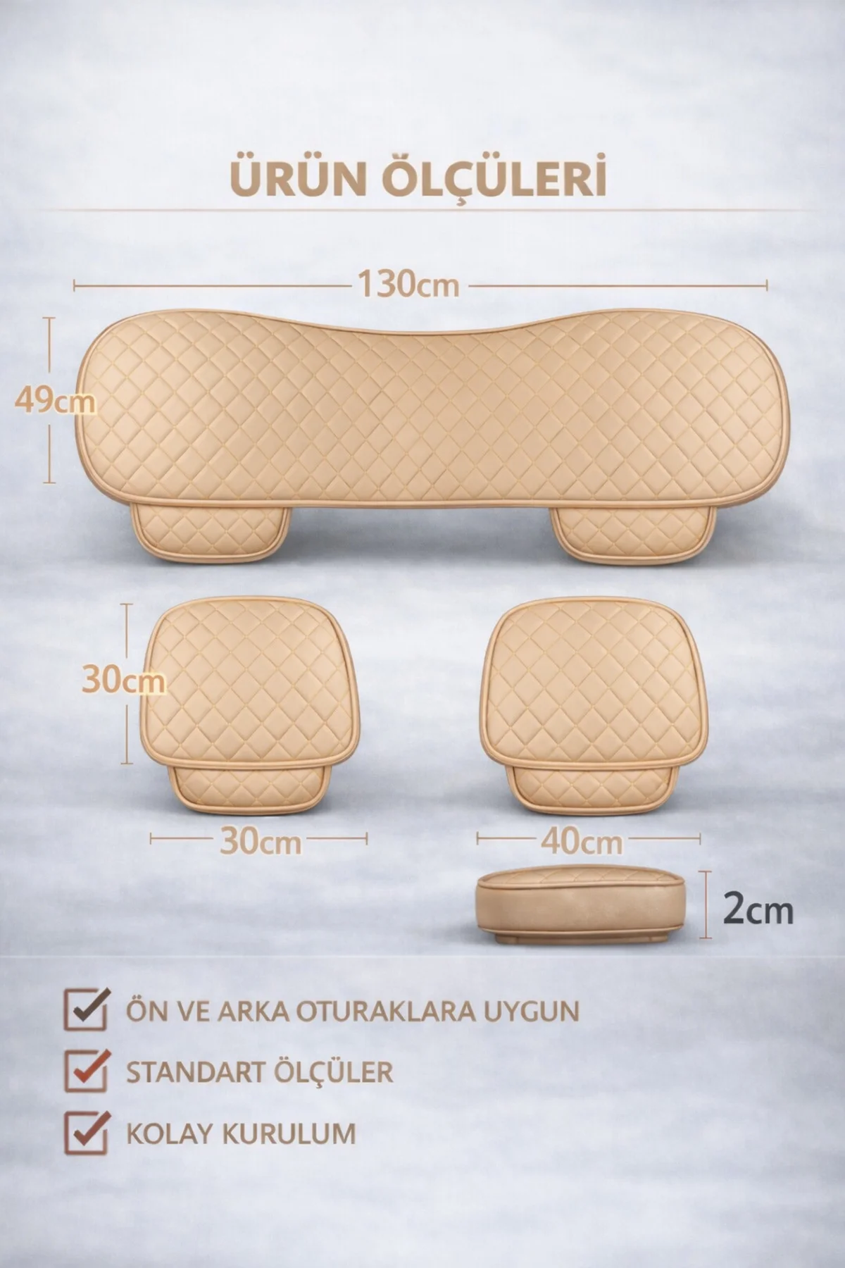 Citroen C-Elysée 2012 ve Sonrası Uyumlu 3 Parça Deri Oturak Minder Bej