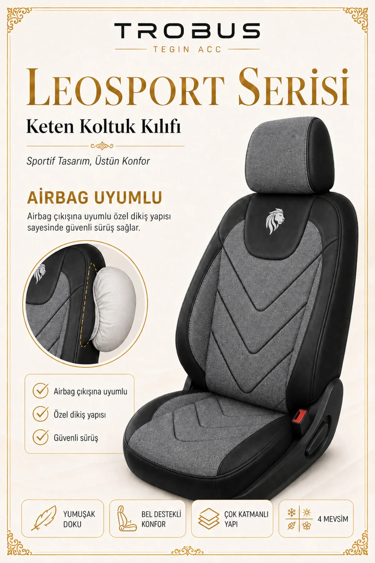 Citroen C-Elysée Access 2012-2017 Uyumlu LeoSport Serisi Keten Oto Koltuk Kılıfı Gri Siyah Fiyatı, Yorumları ve Özellikleri