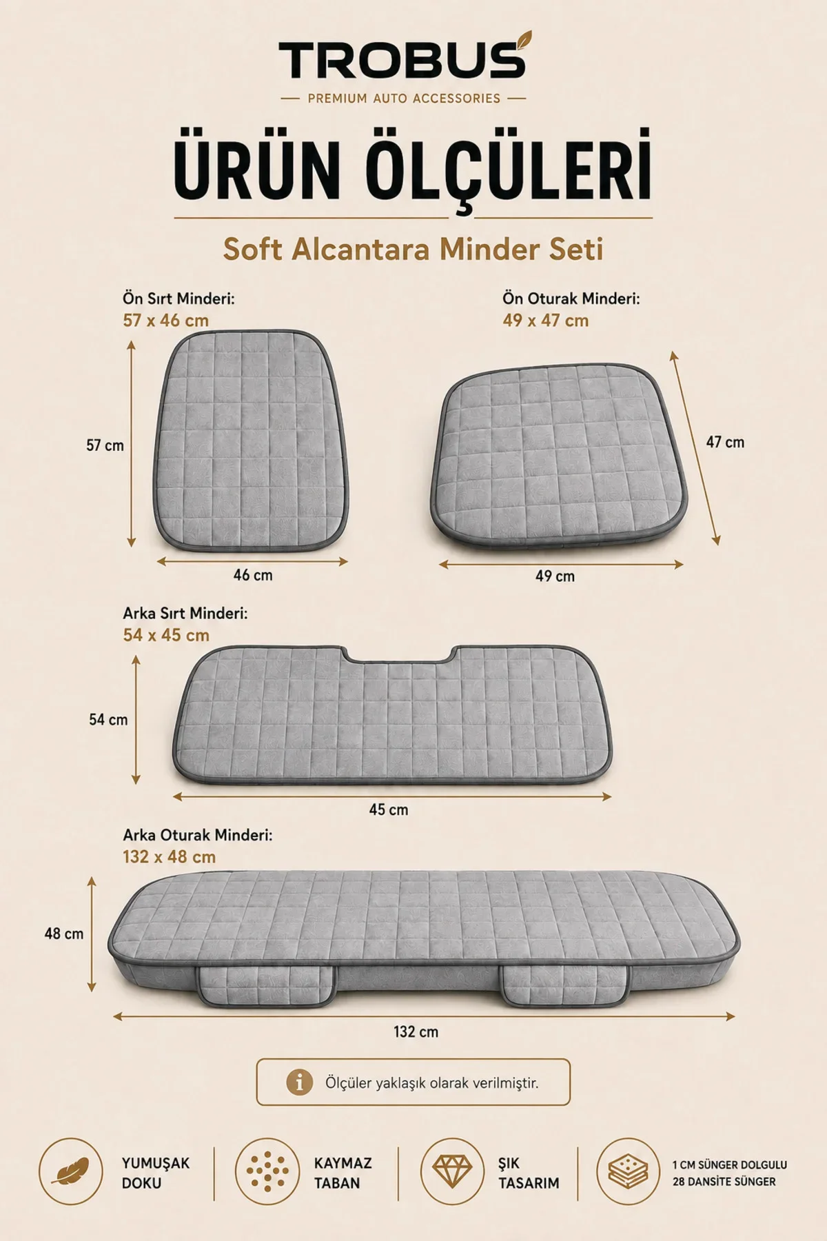 Citroen C-Elysée Access 2012-2017 Soft Alcantara 7'li Oto Koltuk Minderi Gri - Görsel 6