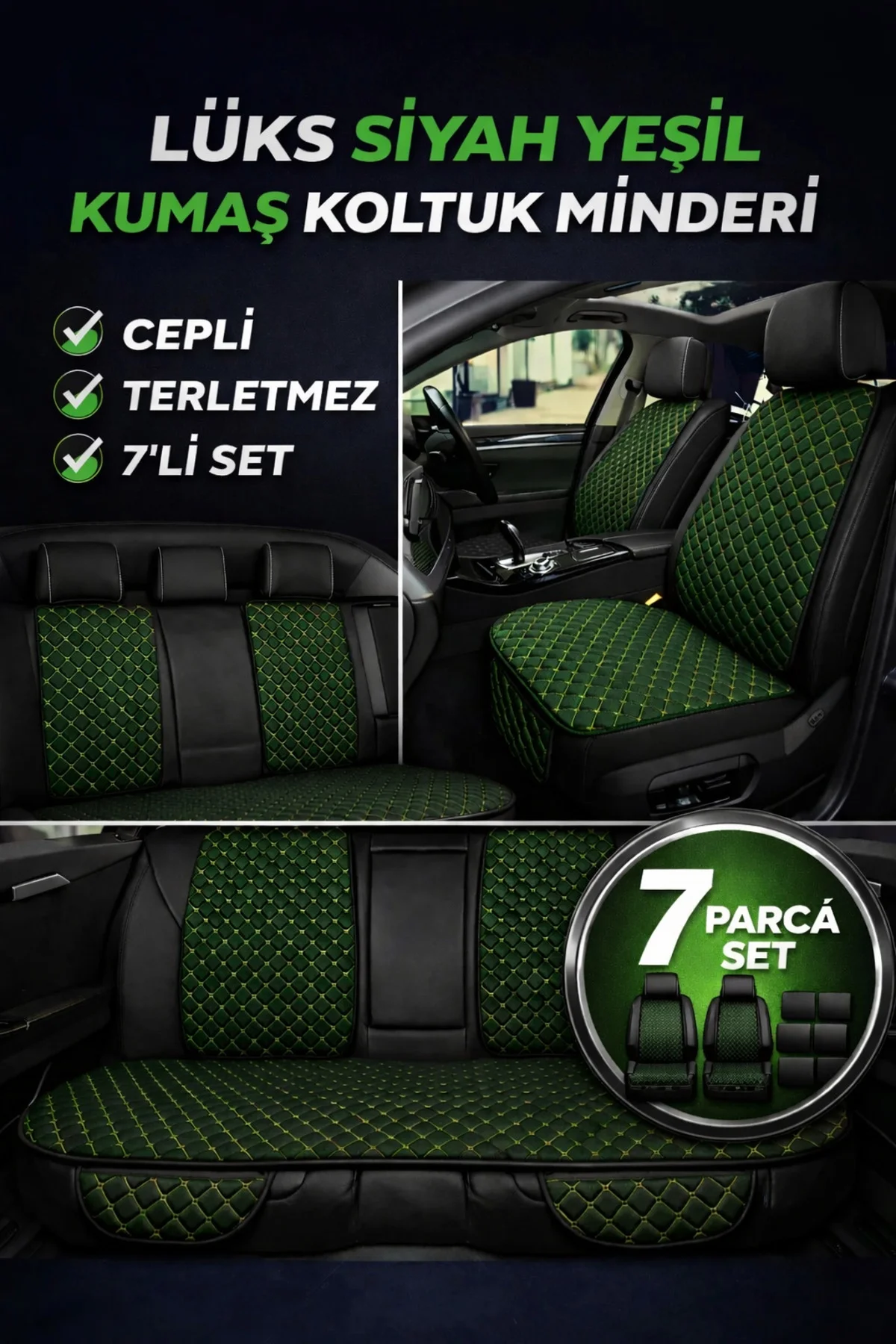 Citroen C-ELYSÉE ACCESS 2012-2017 Uyumlu Kapitone Kumaş 7 Parça Koltuk Minderi Siyah - Yeşil Fiyatı, Yorumları ve Özellikleri