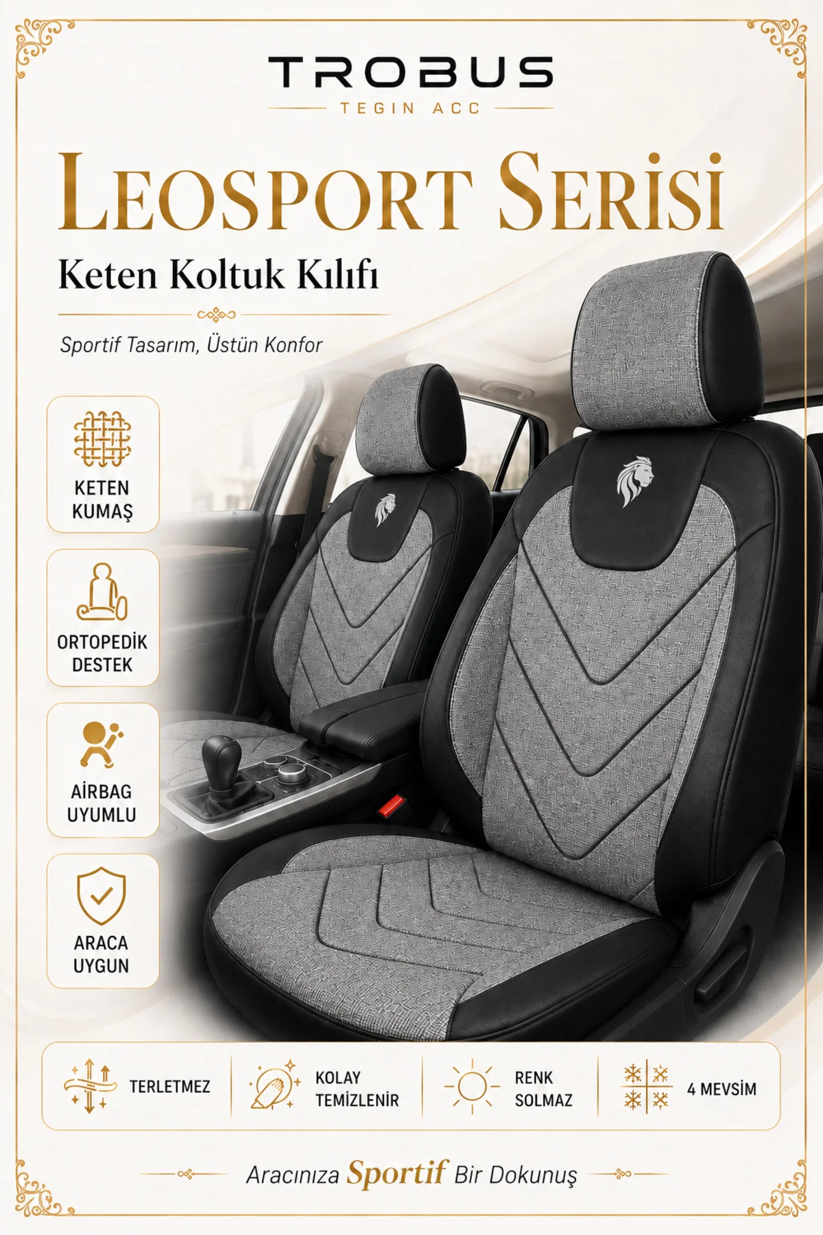 Citroen C-Elysée Access 2012-2017 Uyumlu LeoSport Serisi Keten Oto Koltuk Kılıfı Gri Siyah Fiyatı, Yorumları ve Özellikleri