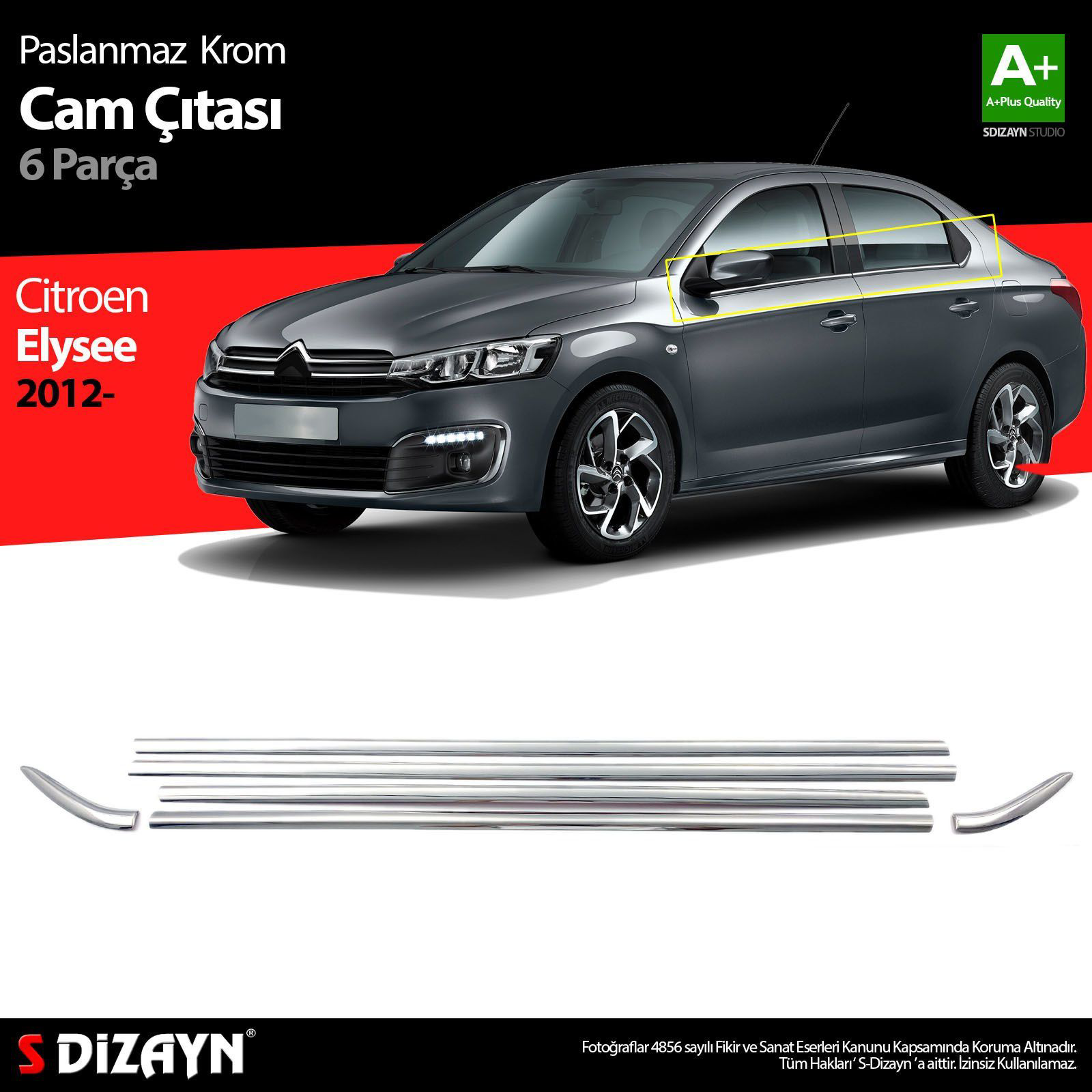 Citroen C-Elysee Uyumlu Krom Cam Çıta 6 Parça 2012 Üzeri Citroen C-Elysee Uyumlu Krom Cam Çıta 6 Parça 2012 Üzeri