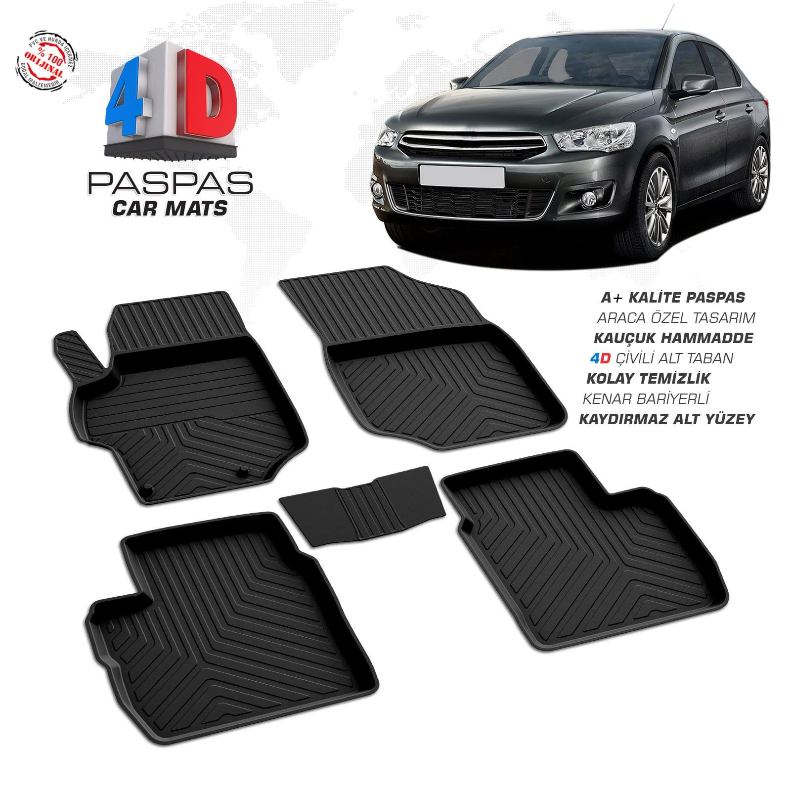 Citroen C-Elysee 4D Araca Özel Havuzlu Kauçuk Paspas 2013 ve Üzer