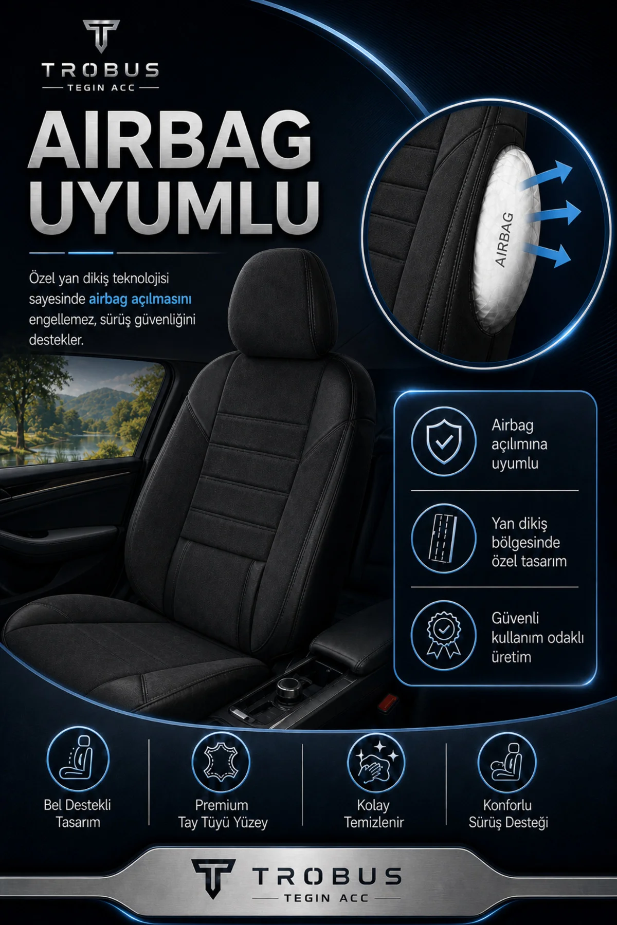 Citroen C-Elysee 2012+ Uyumlu Nova Serisi Tay Tüyü Bel Destekli Siyah Premium Koltuk Kılıfı