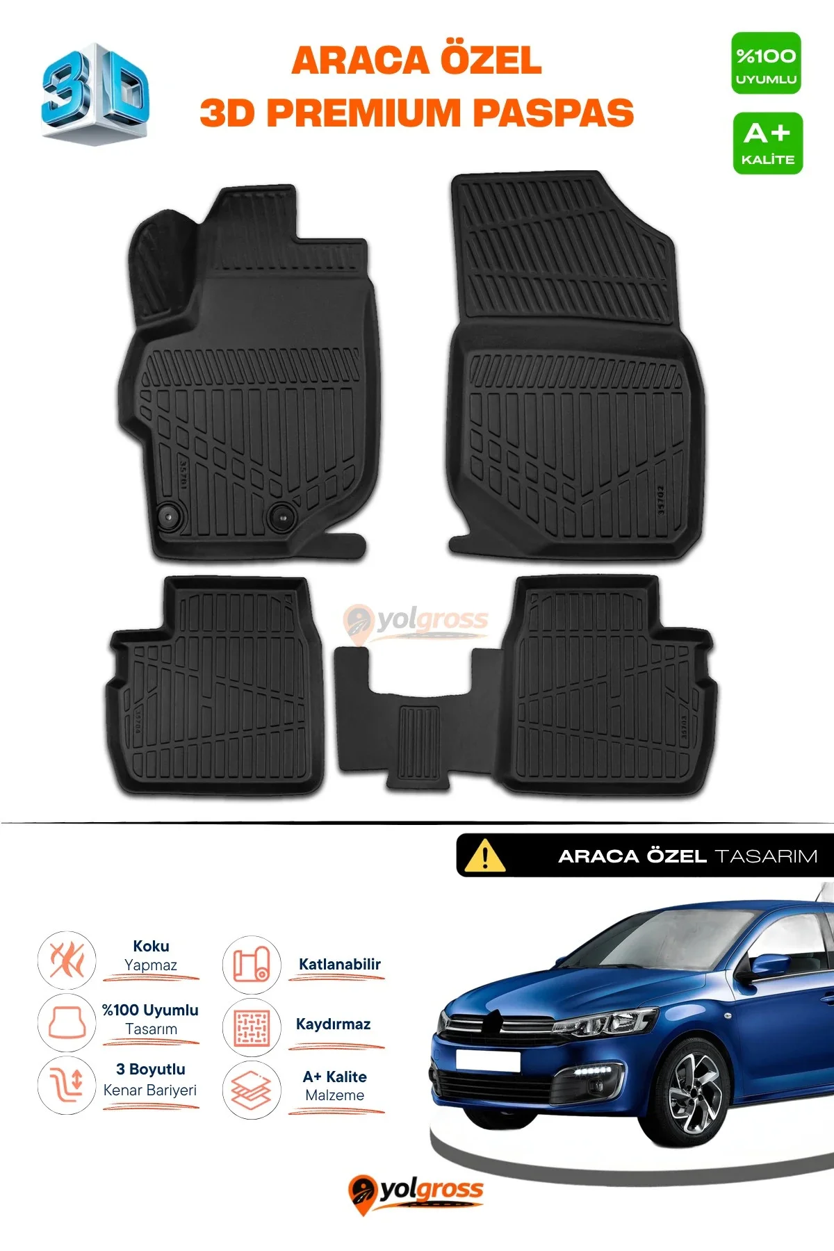 Citroen C-Elysee 3D Pro Havuzlu Paspas 2012-2017 A+ Kalite