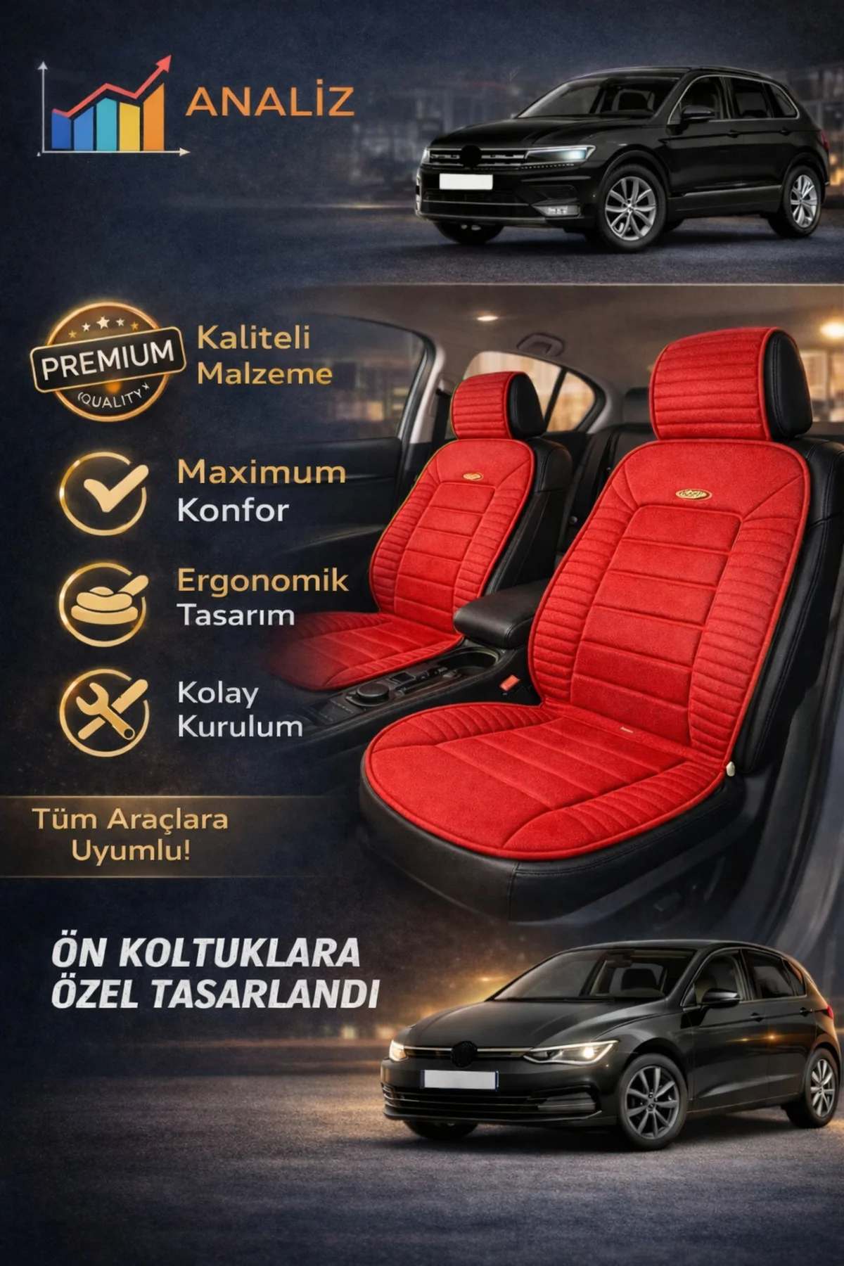 Citroen C3 2009 ve Sonrası Uyumlu Vento Serisi Kırmızı 2'li Minder Seti