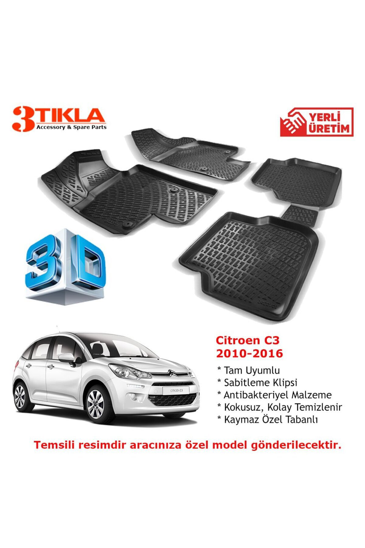 Citroen C3 2010-2016 Premium 3D Havuzlu Paspas Seti
