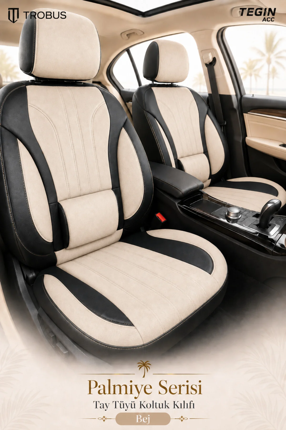 Citroen C3 Aircross 2017+ Uyumlu Palmiye Serisi Bej Siyah Bel Destekli Tay Tüyü Koltuk Kılıfı