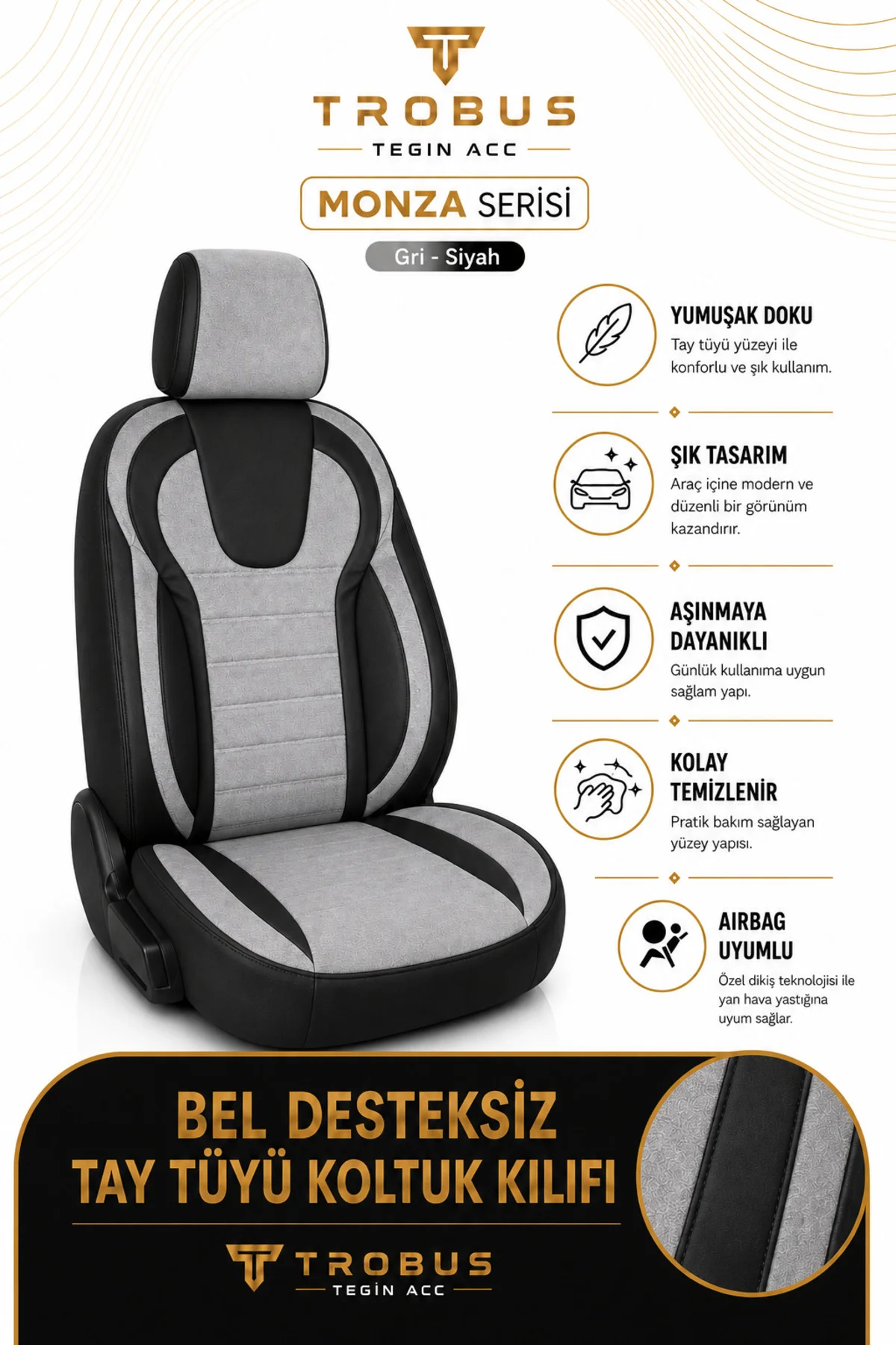 Citroen C3 Aircross 2017+ Uyumlu Monza Serisi Sport Tay Tüyü Kadife Gri Siyah Koltuk Kılıfı