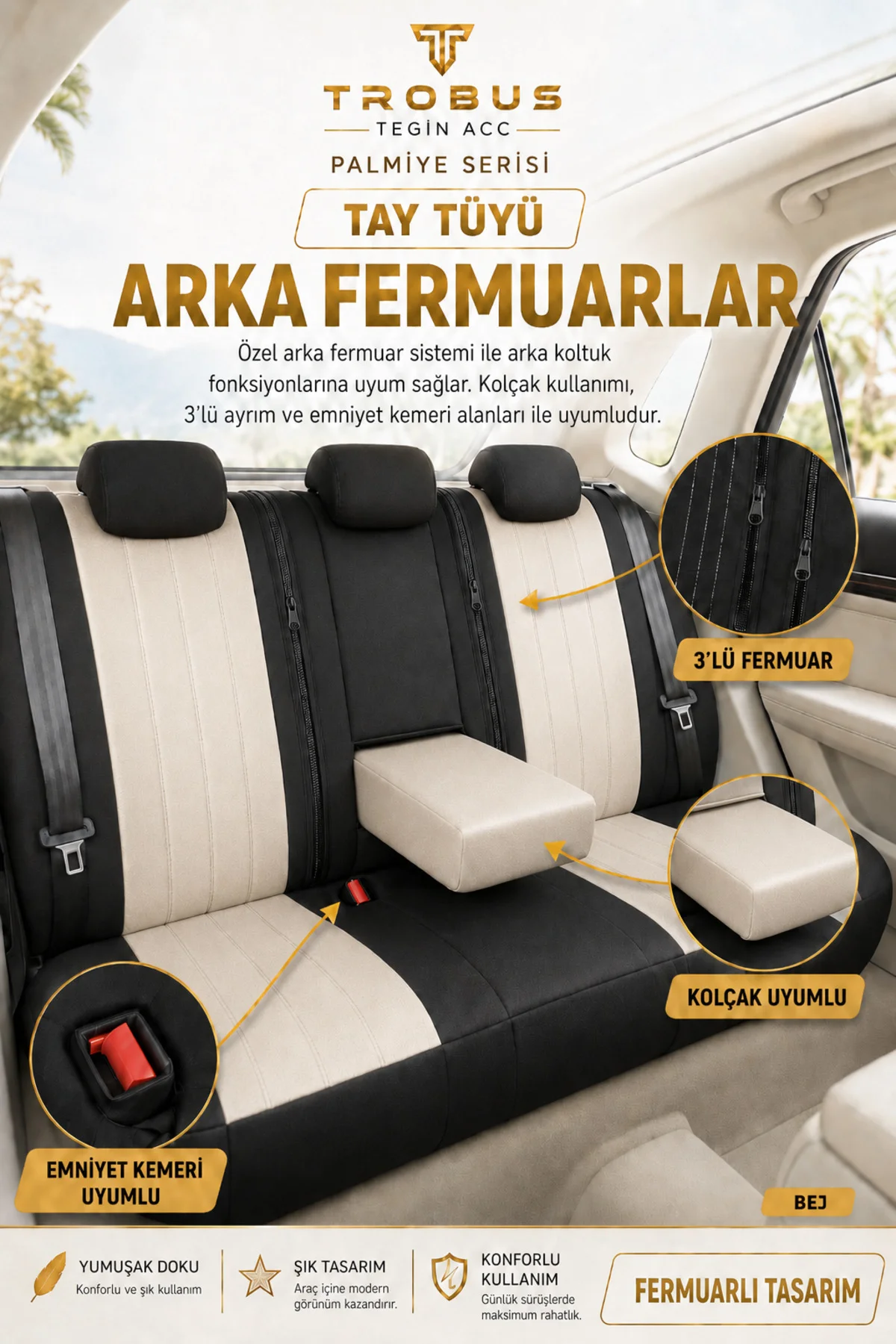 Citroen C3 Aircross 2017+ Uyumlu Palmiye Serisi Bej Siyah Bel Destekli Tay Tüyü Koltuk Kılıfı